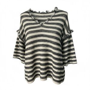 Free People Striped V-Neck Sweater with Ruffle Accents